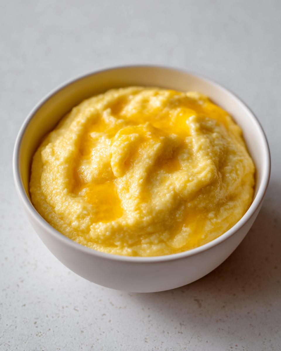 A close-up of a white bowl filled with creamy, yellow cheese grits topped with melted butter.