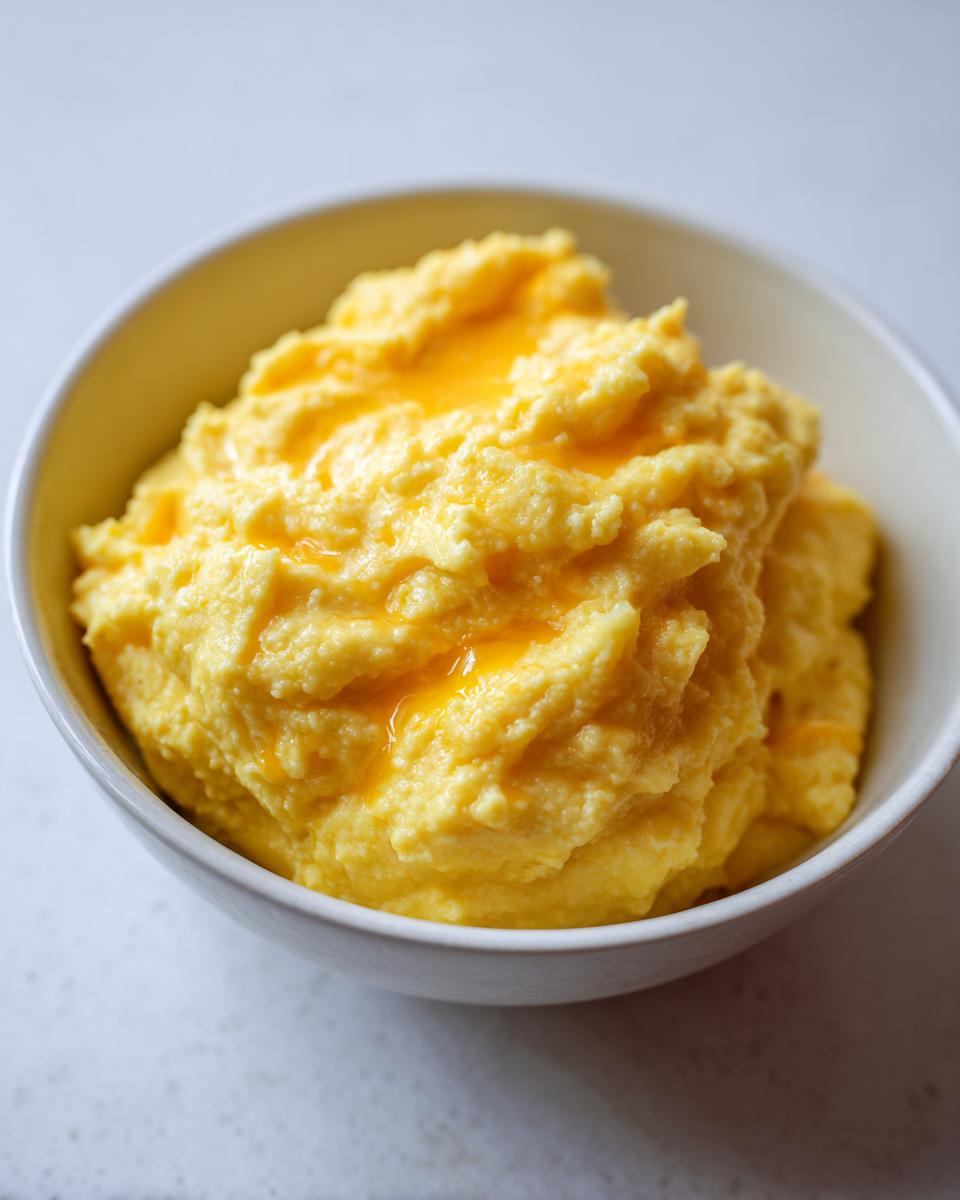 Close-up of a white bowl filled with fluffy, yellow cheese grits topped with melted cheddar.