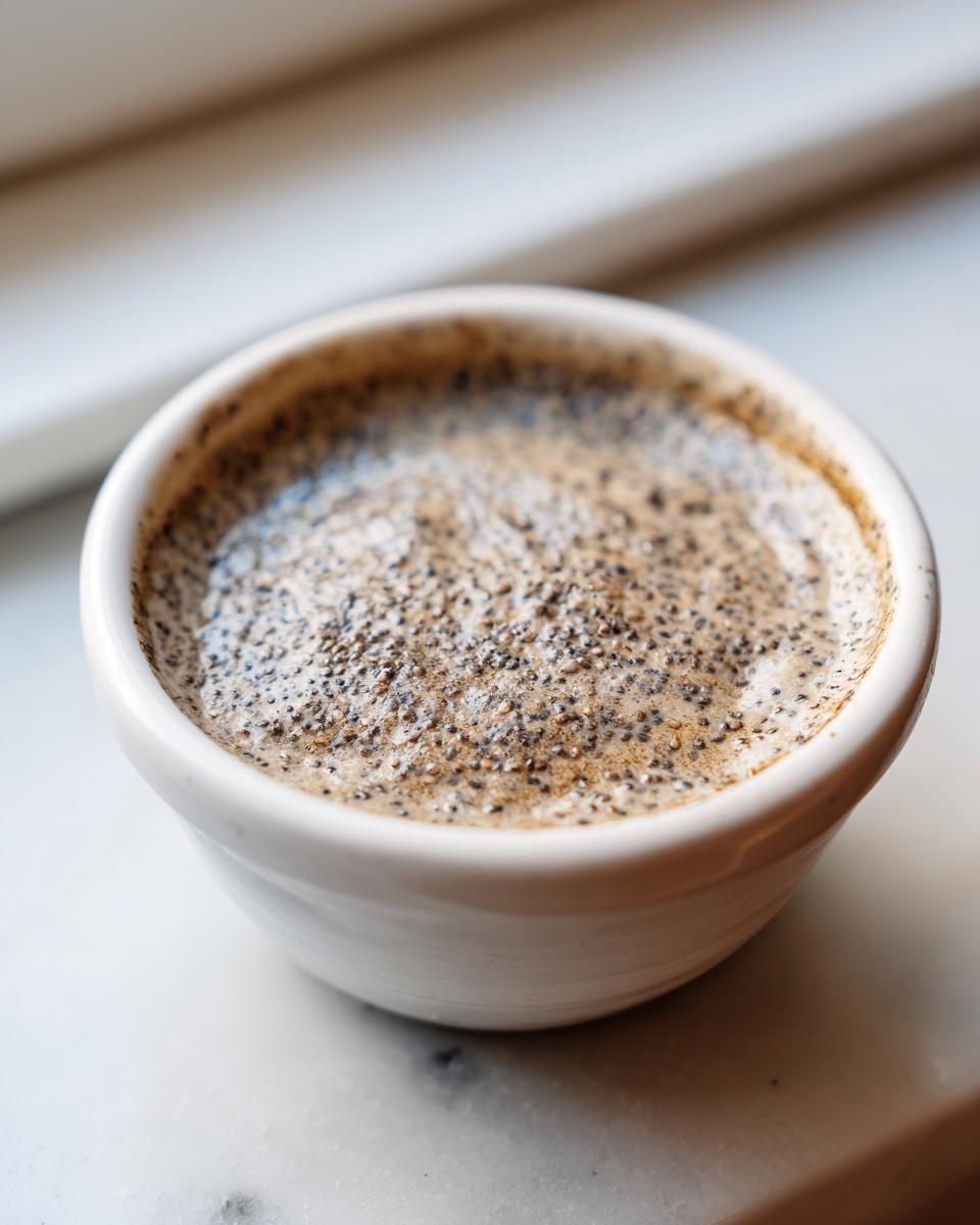 Close-up of creamy chia seed pudding topped with visible chia seeds in a small white bowl.