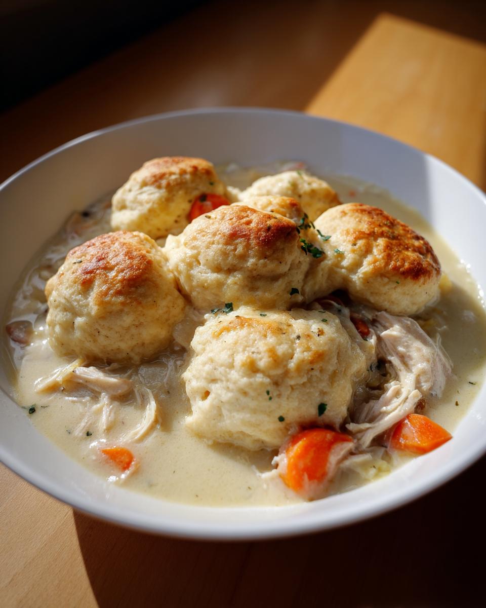 A white bowl filled with creamy chicken and dumplings with biscuits, featuring shredded chicken and bright orange carrots.