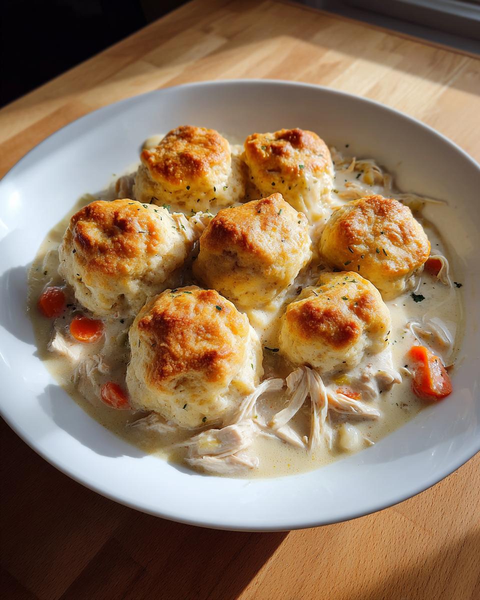 A white bowl filled with creamy chicken and dumplings with biscuits, garnished with carrots and herbs.