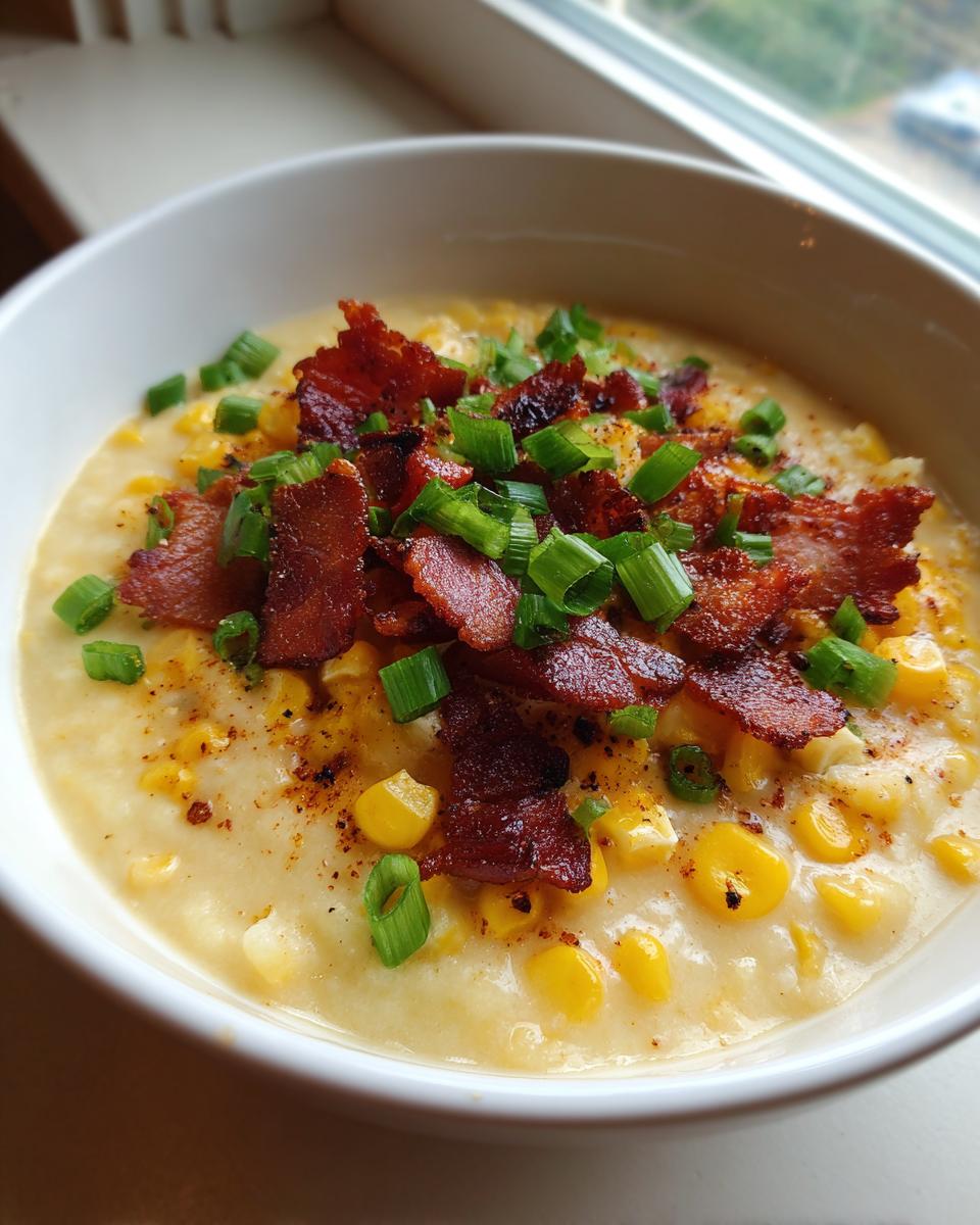 A close-up of a bowl of creamy chicken corn chowder topped generously with crispy bacon bits and chopped green onions.