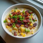 A close-up of creamy chicken corn chowder in a white bowl, topped generously with crispy bacon bits and fresh green onions.