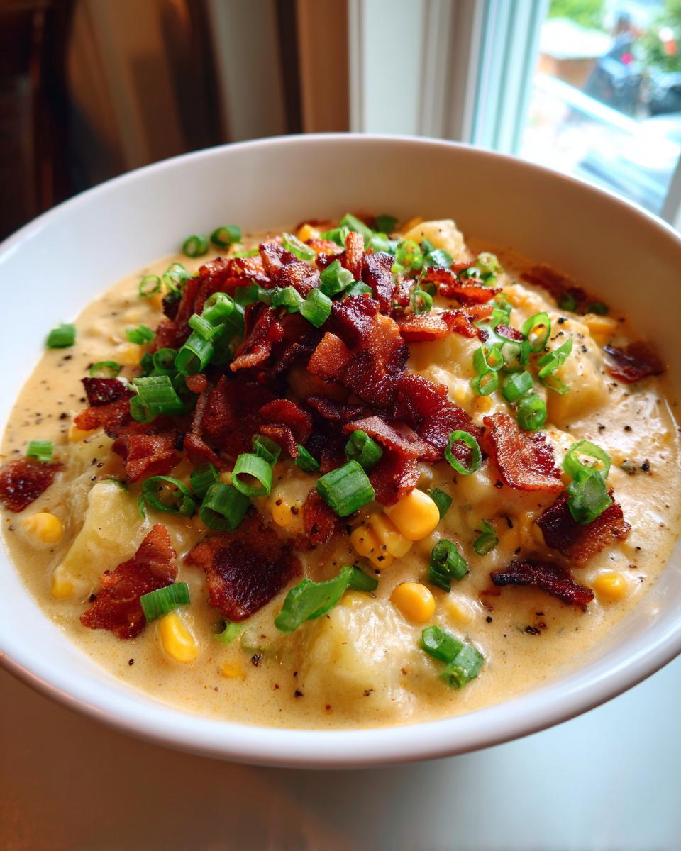 A close-up of a hearty bowl of creamy chicken corn chowder, generously topped with crumbled bacon and fresh green onions.