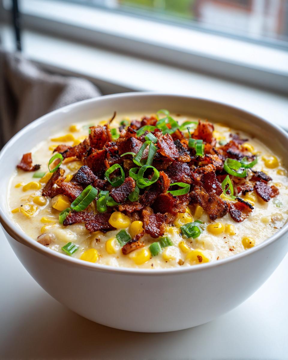A close-up of a creamy bowl of chicken corn chowder generously topped with crispy bacon bits and fresh green onions.
