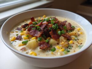 A close-up of a bowl of creamy chicken corn chowder loaded with corn, potatoes, bacon, and green onions.
