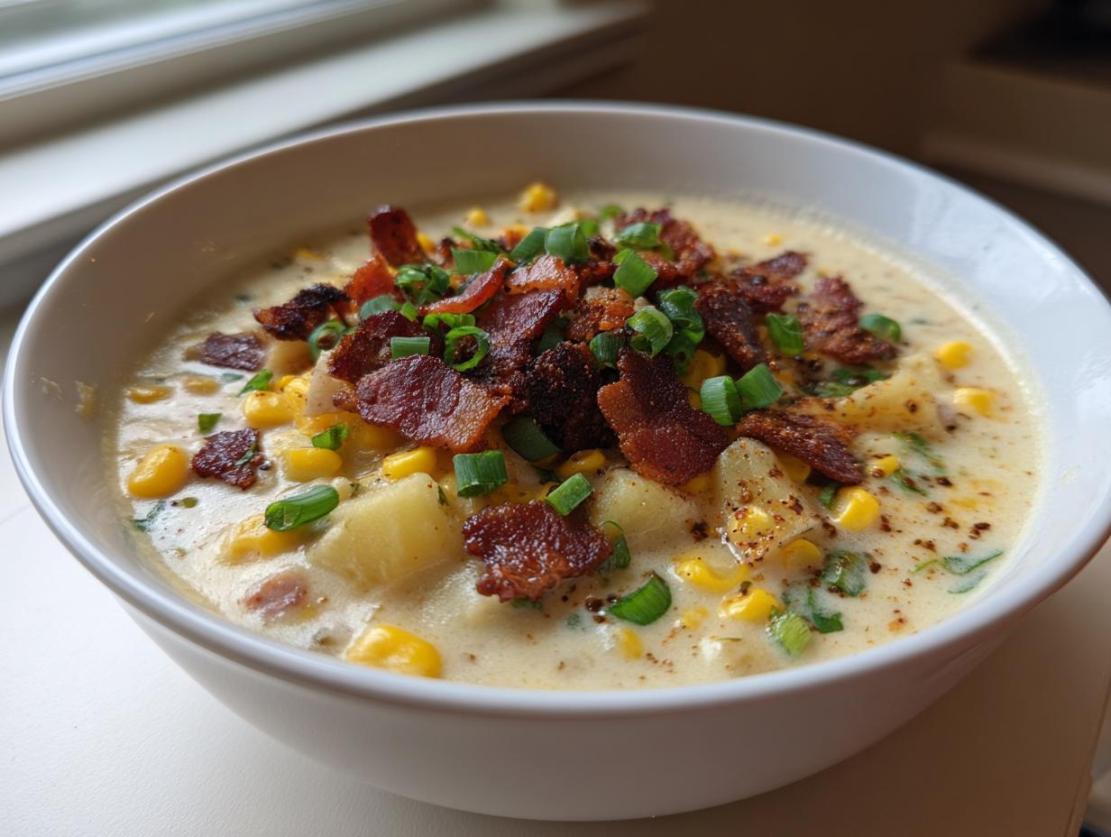 A close-up of a bowl of creamy chicken corn chowder loaded with corn, potatoes, bacon, and green onions.