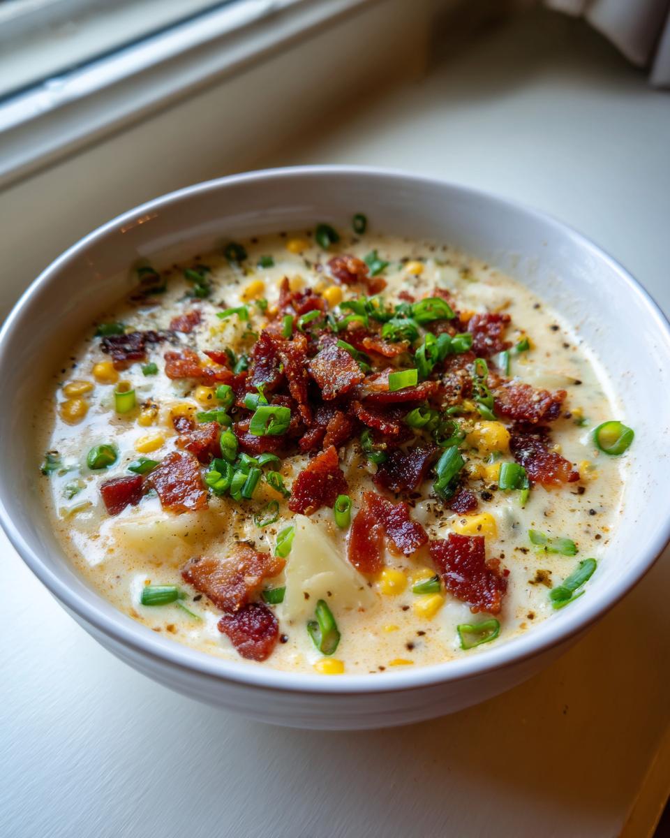 A close-up of a bowl of creamy chicken corn chowder topped generously with crispy bacon bits and fresh green onions.