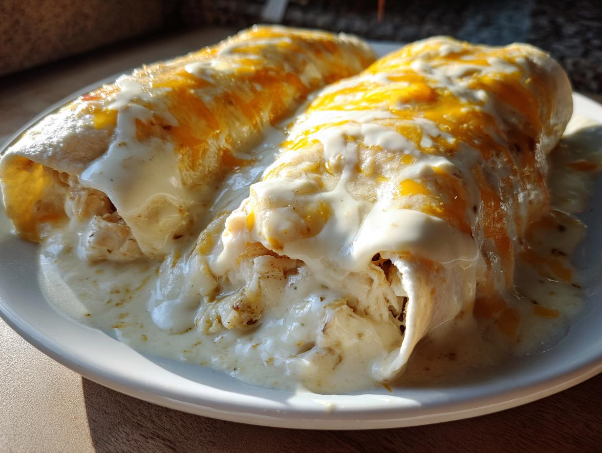 Two delicious chicken enchiladas smothered in white cream sauce and melted cheddar cheese.