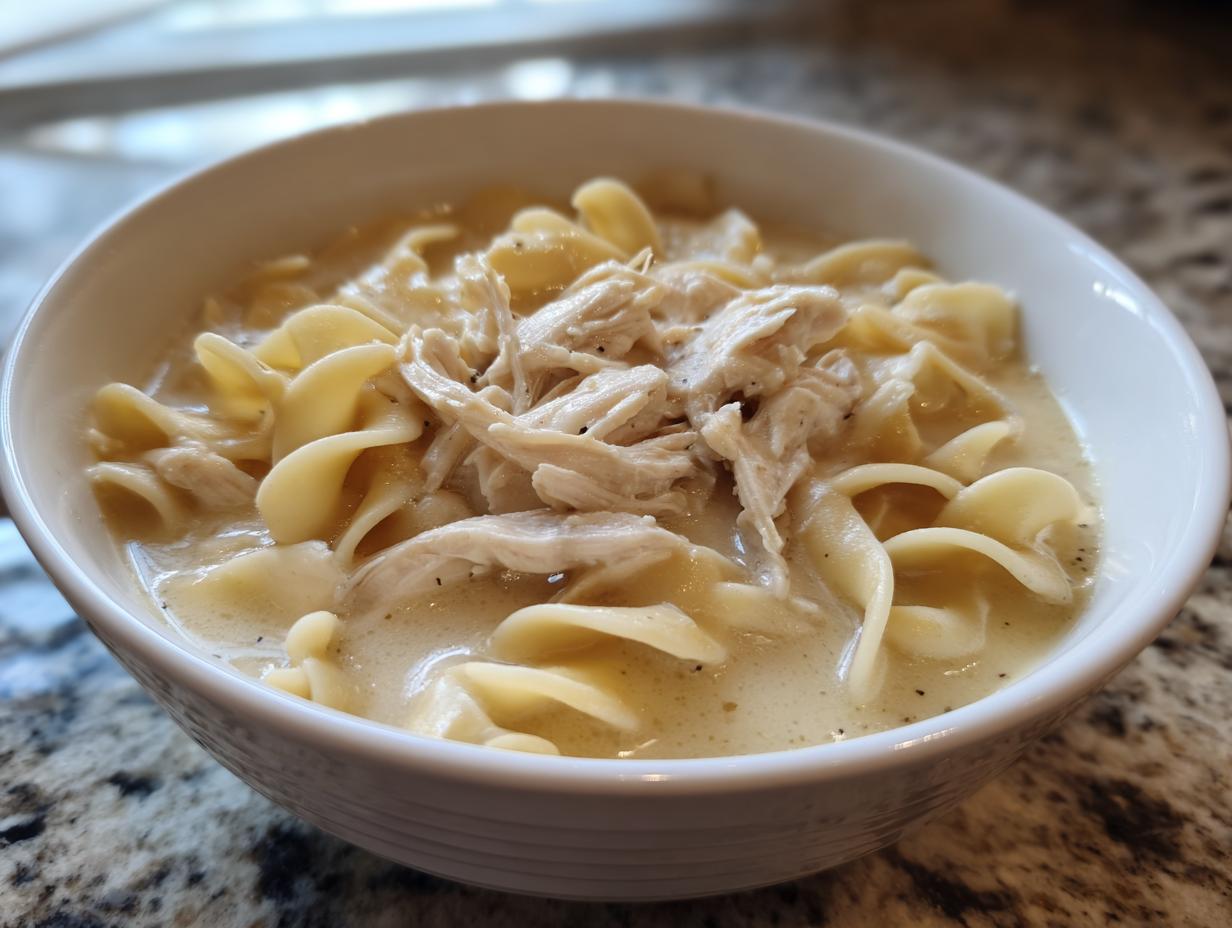 A close-up of a white bowl filled with creamy soup, egg noodles, and shredded chicken, representing cream of chicken soup.