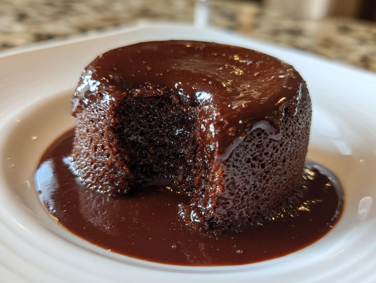 A close-up of a rich, dark chocolate pudding cake with a bite taken out, covered in glossy chocolate sauce.