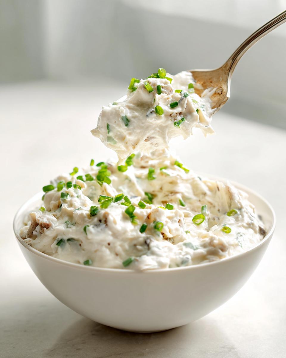 A spoonful of creamy clam dip topped with fresh green chives being lifted from a white bowl.