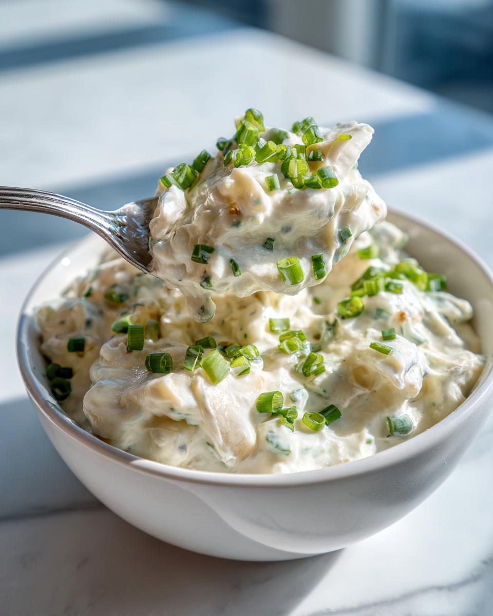 A spoonful of creamy clam dip, generously topped with fresh green chives, being lifted from a white bowl.