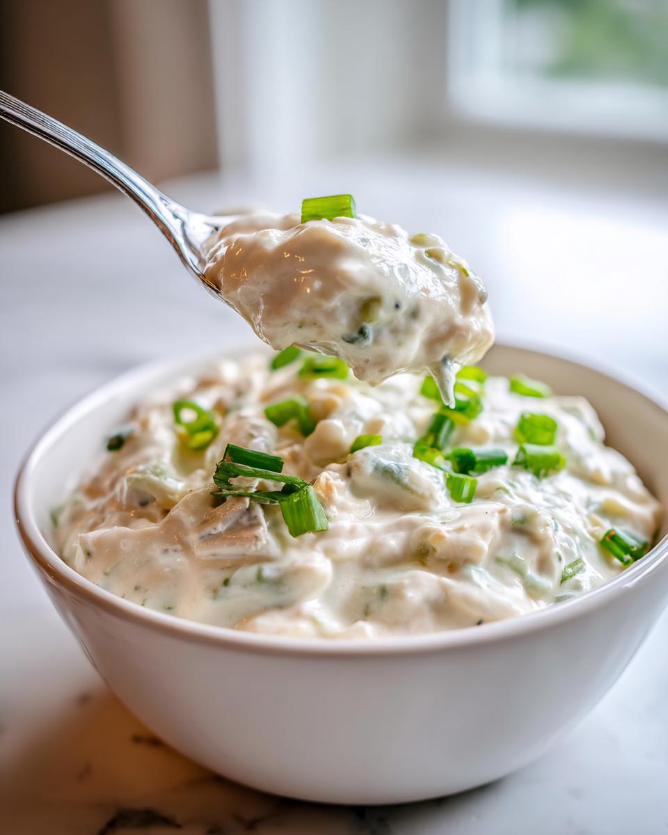 A spoonful of creamy clam dip being lifted from a white bowl, garnished with fresh chopped green onions.
