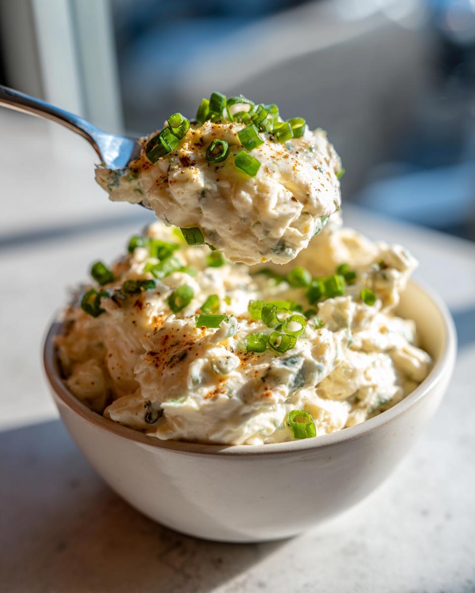 A spoonful of creamy clam dip, topped with fresh chives, being lifted from a bowl of the amazing clam dip.