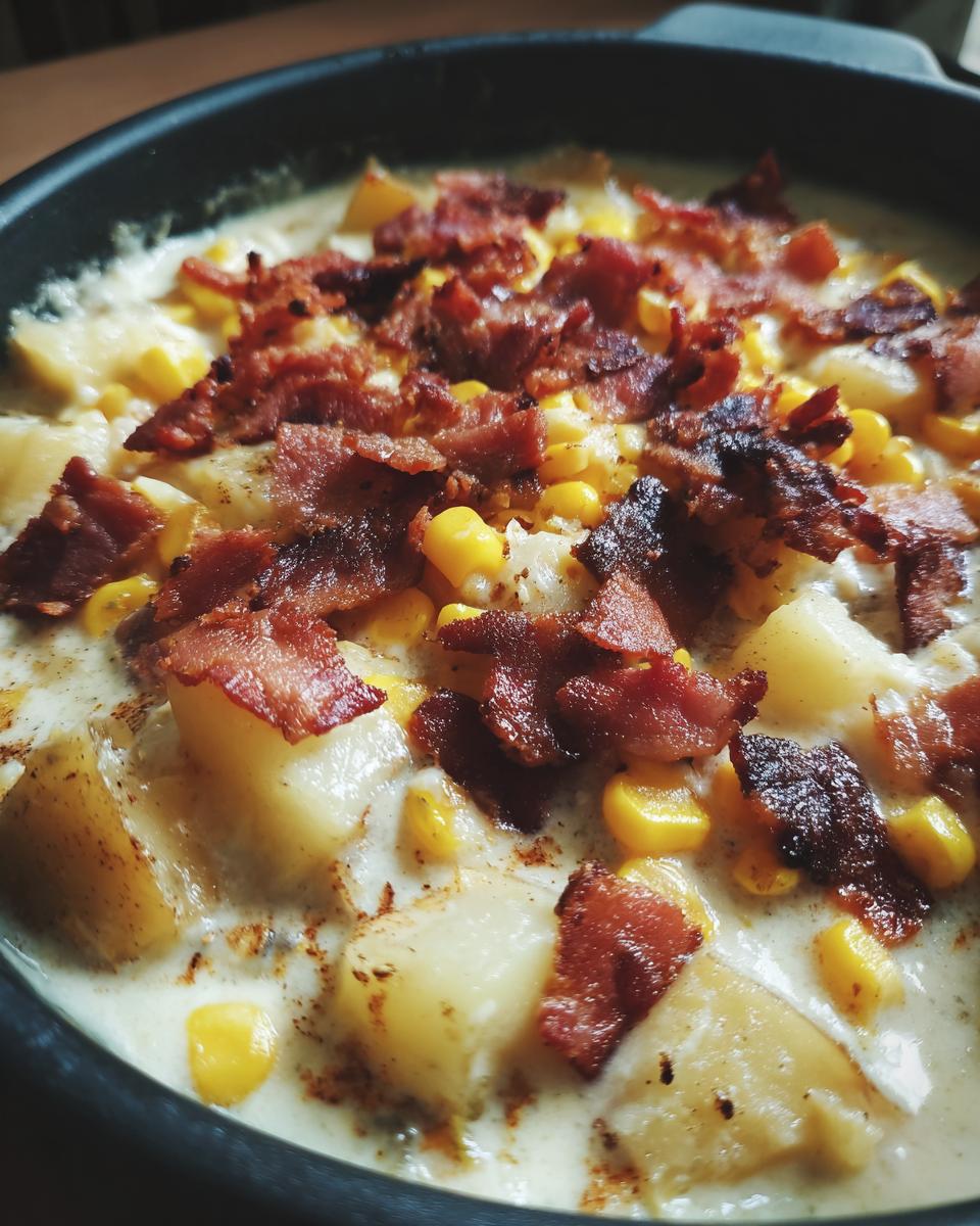 A close-up view of rich, creamy corn chowder featuring chunks of potato, sweet corn kernels, and topped generously with crispy bacon pieces.