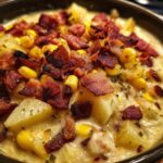A close-up shot of rich, creamy corn chowder loaded with potatoes, corn kernels, and topped generously with crispy bacon pieces.