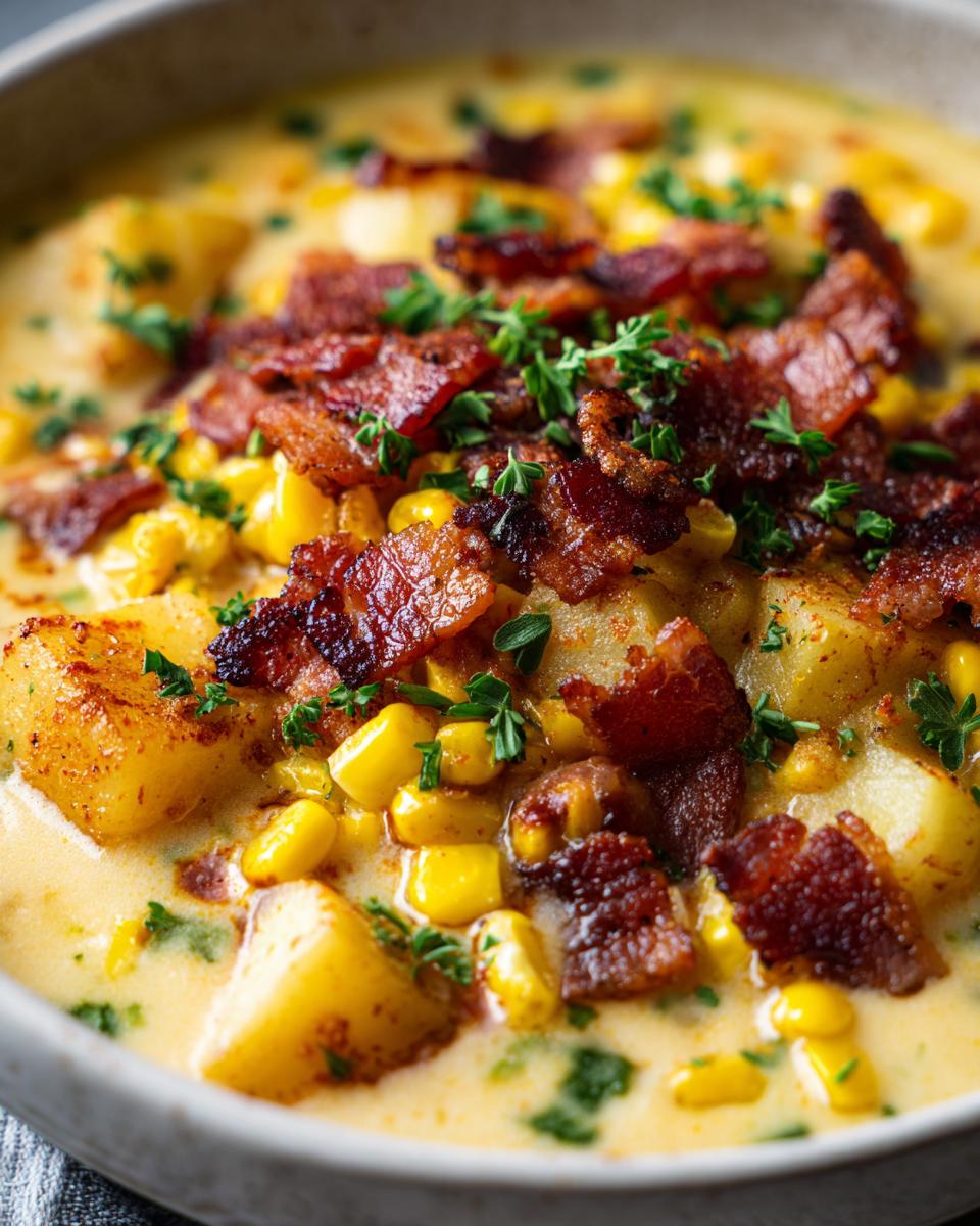 A close-up bowl of rich, creamy corn chowder loaded with corn kernels, potato chunks, and topped with crispy bacon bits and fresh parsley.