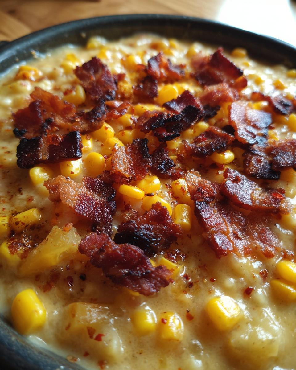 A close-up view of rich, creamy corn chowder generously topped with crispy, crumbled bacon pieces.