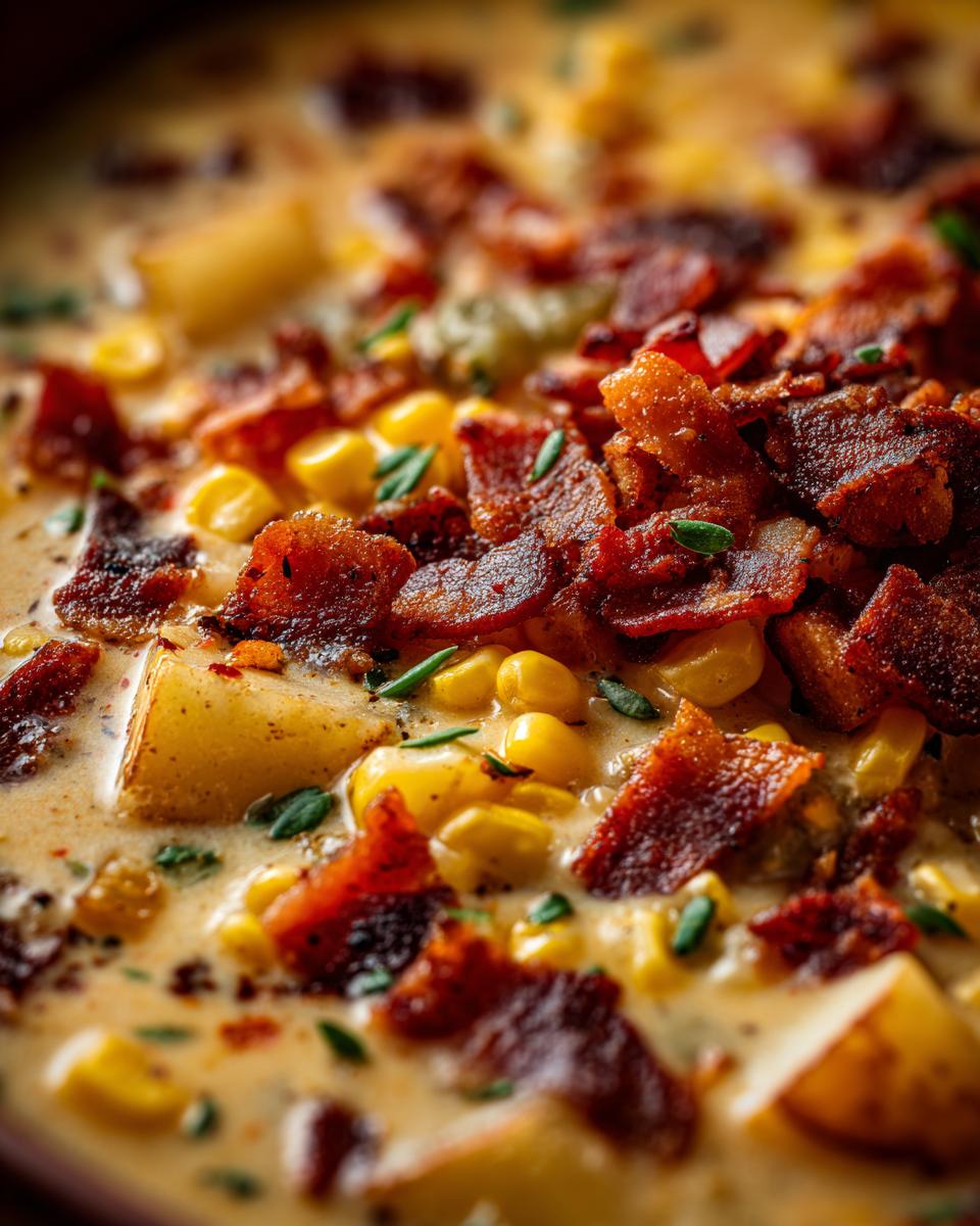 A rich, close-up view of creamy corn chowder topped generously with crispy bacon pieces and fresh chives.