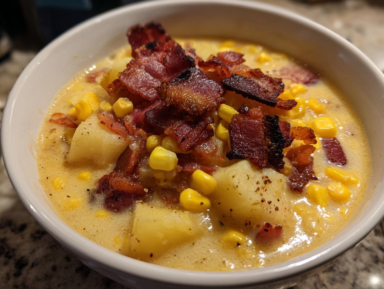Close-up of a bowl of creamy corn chowder loaded with corn kernels, potatoes, and topped generously with crispy bacon pieces.