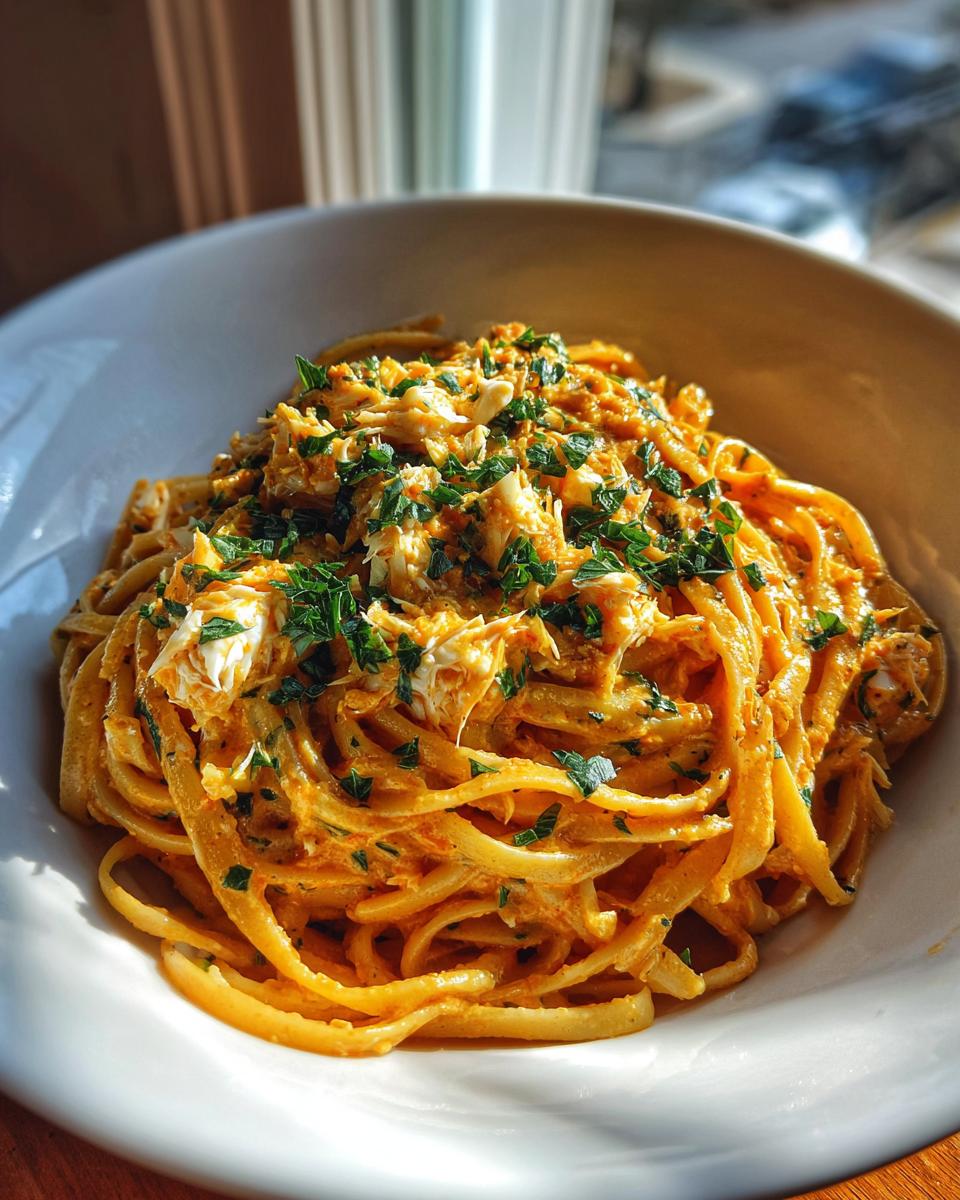 A close-up of a white bowl filled with creamy, orange-hued crab pasta, generously topped with white crab meat and fresh chopped parsley.