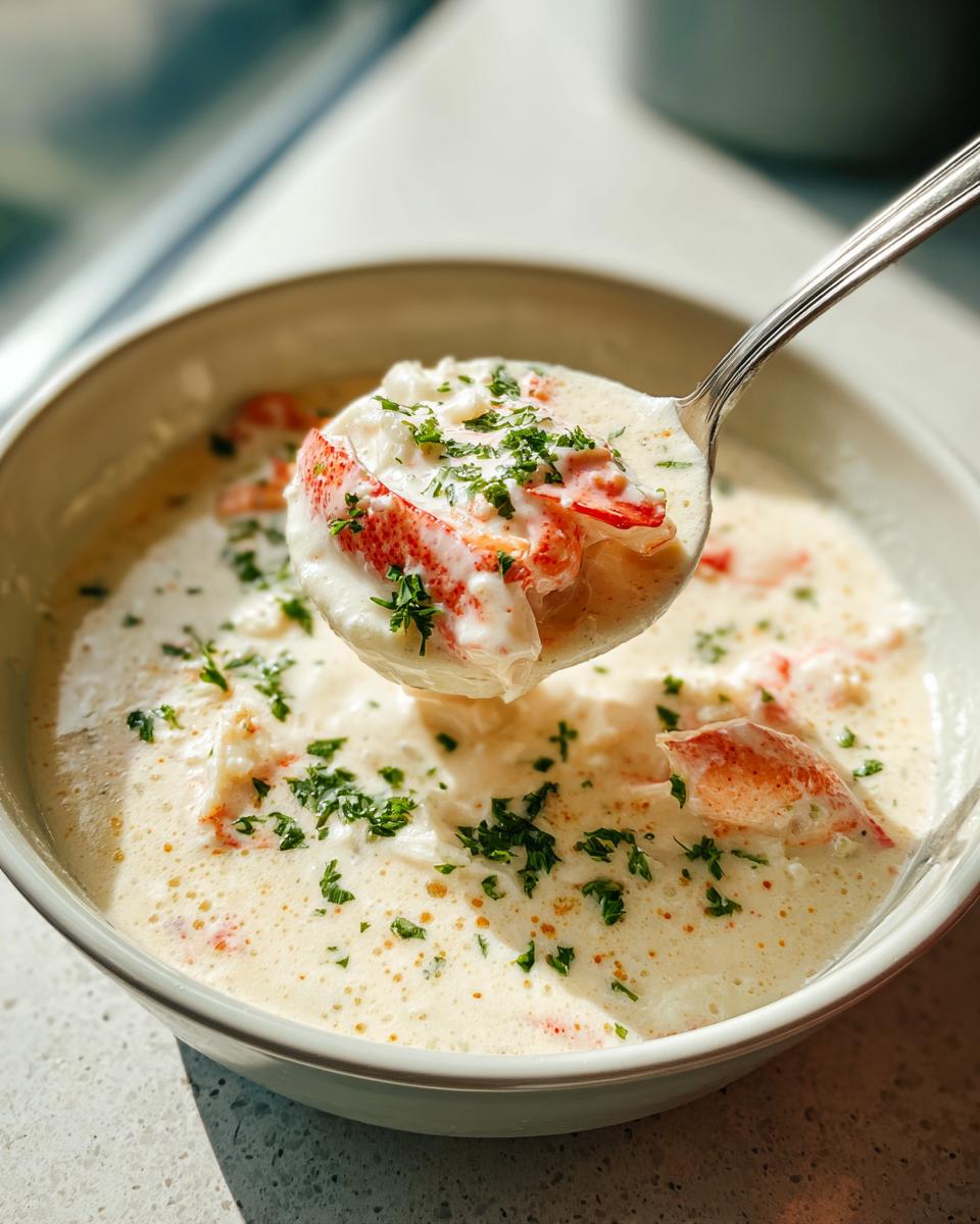 A spoonful of creamy crab soup, rich with chunks of red and white shellfish meat and topped with fresh parsley.
