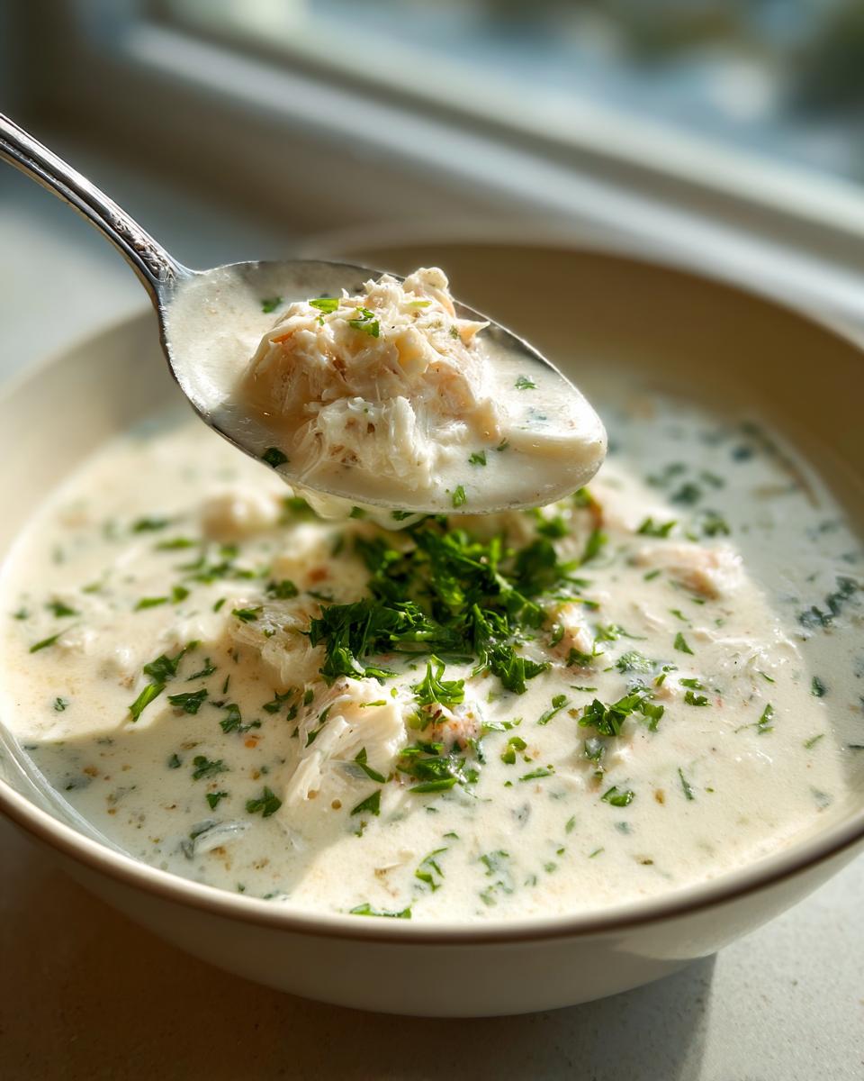 A spoonful of rich, creamy crab soup loaded with white crab meat and fresh parsley being lifted from a bowl.