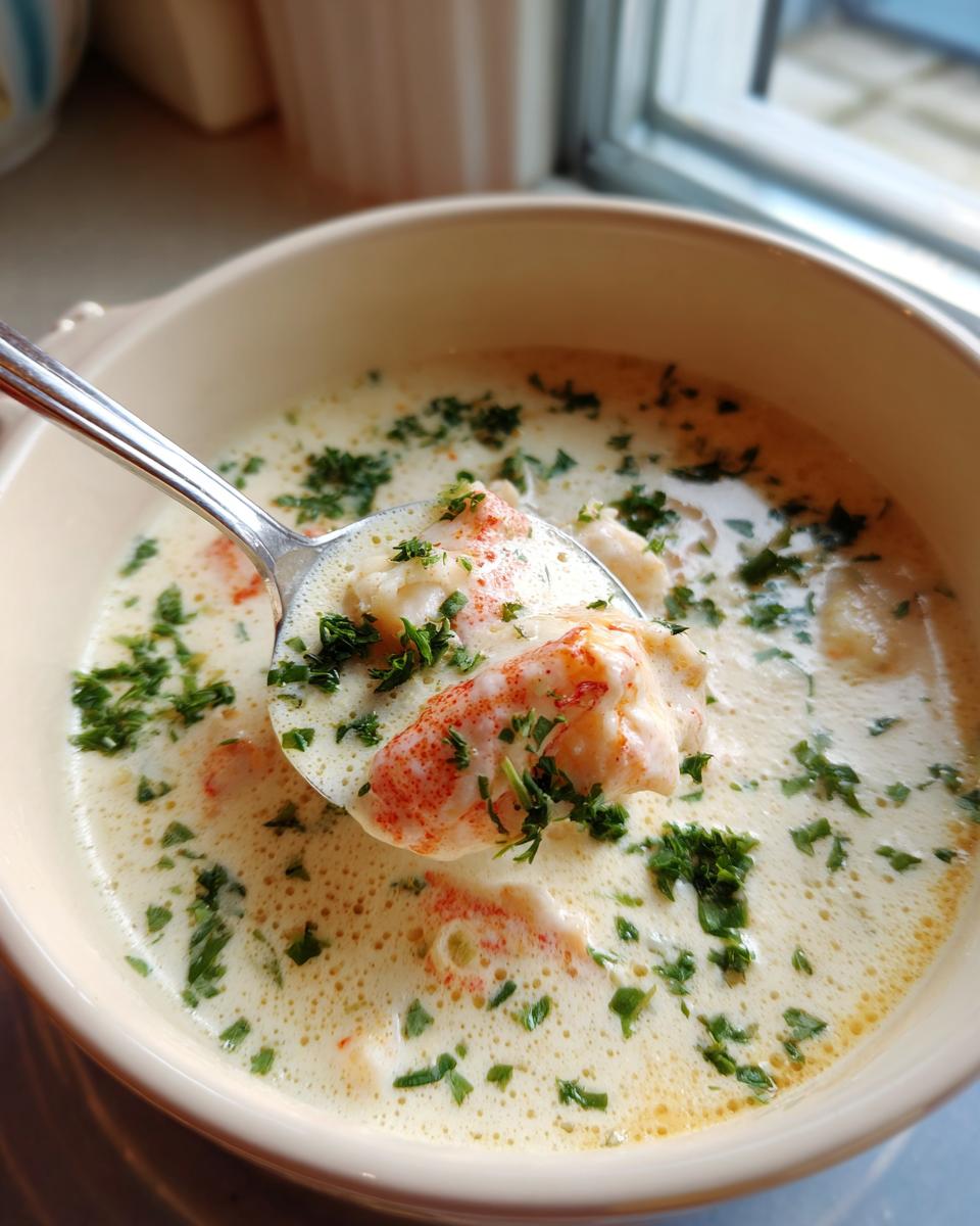 A spoonful lifting rich, creamy crab soup filled with white meat and topped with fresh parsley.