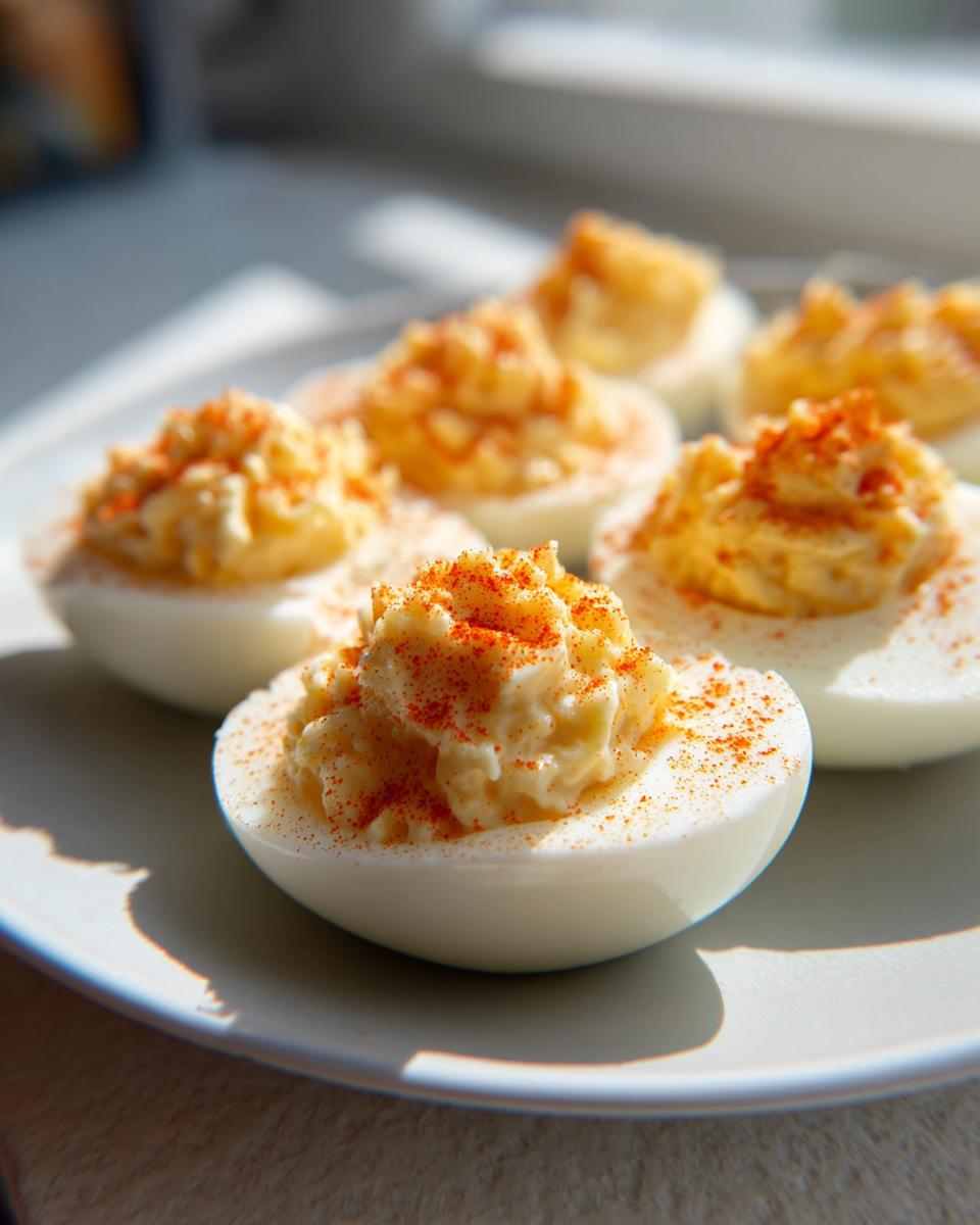 Close-up of creamy deviled eggs piped high and dusted with bright red paprika, sitting on a white plate.