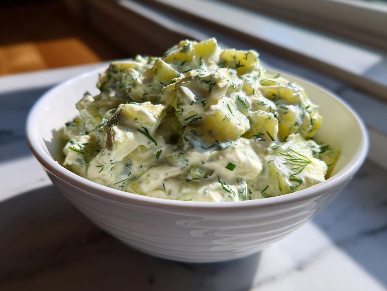 Close-up of a white bowl filled with a creamy, chunky mixture featuring dill and light green pieces, likely part of a pickle dip.