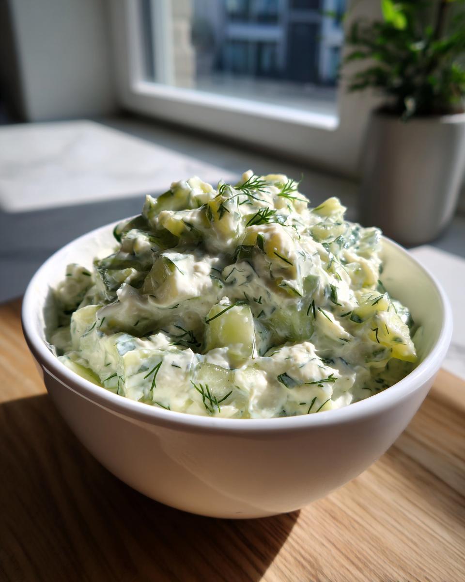 A white bowl filled with chunky, creamy pickle dip topped with fresh dill, sitting on a wooden board.