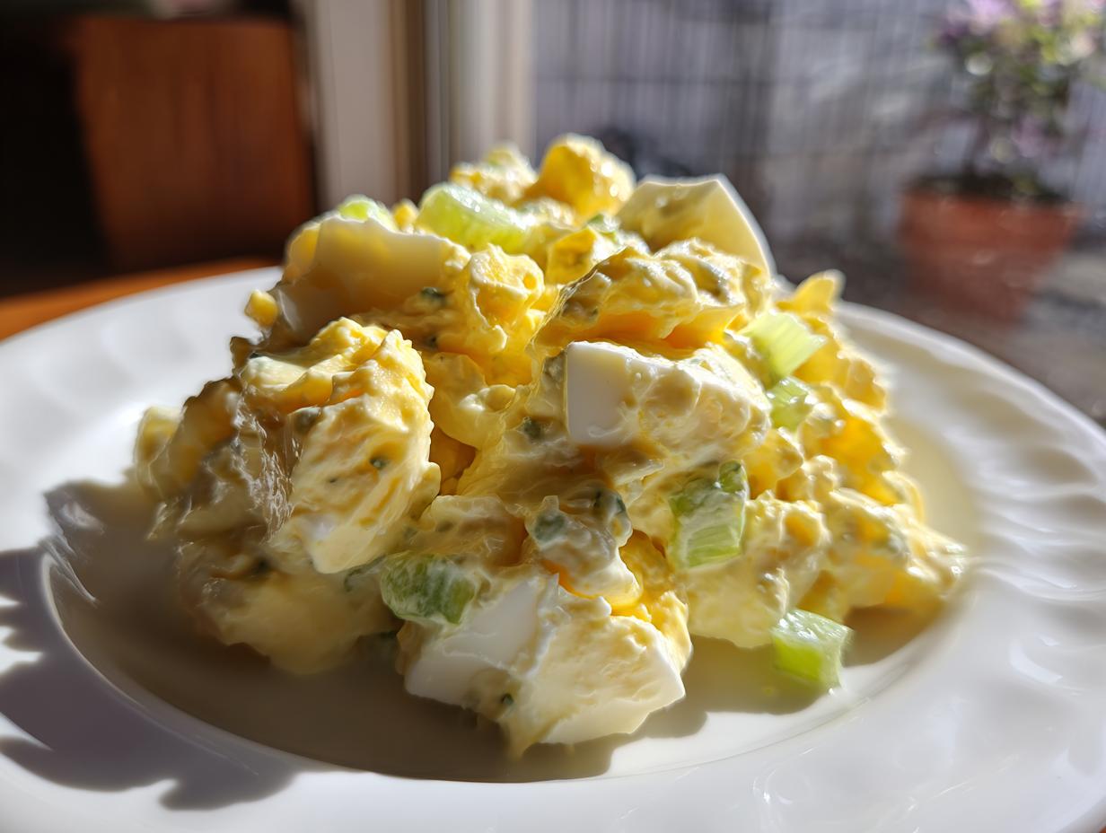 A close-up of a serving of creamy egg salad recipe, featuring chunks of egg and celery, brightly lit on a white plate.