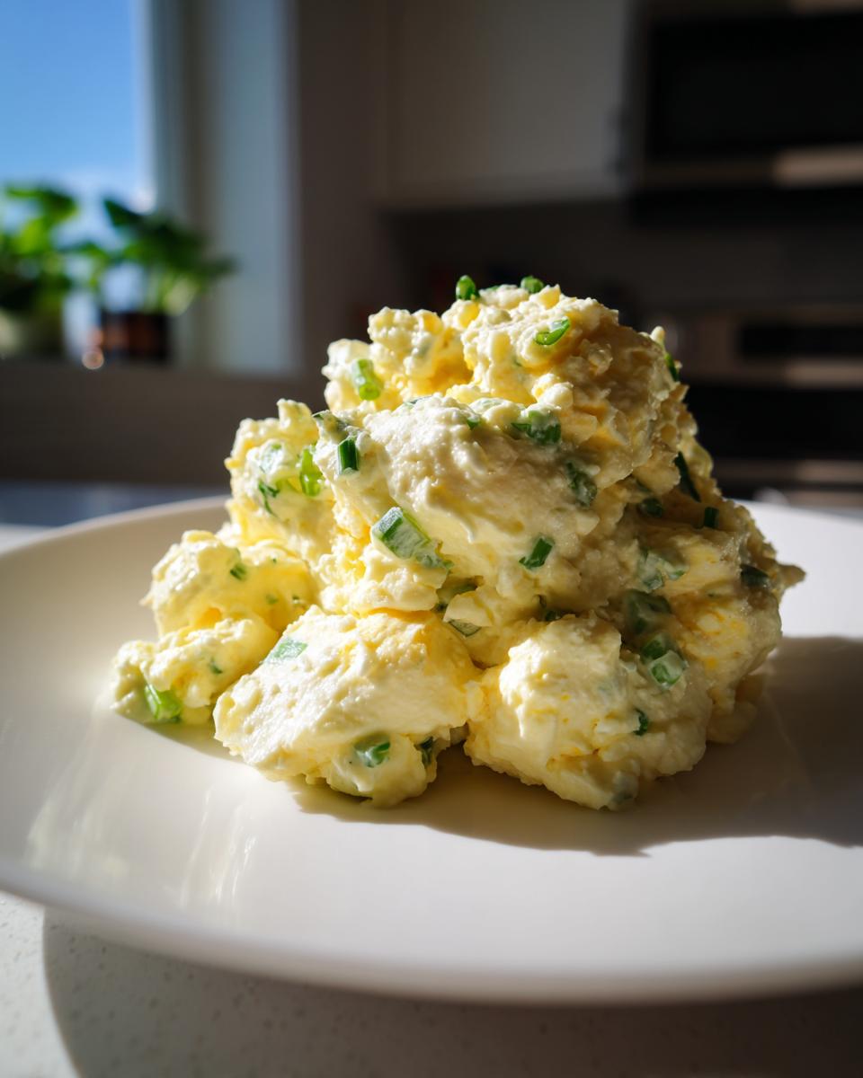 A mound of creamy, chunky egg salad recipe mixed with bright green chives served on a white plate.
