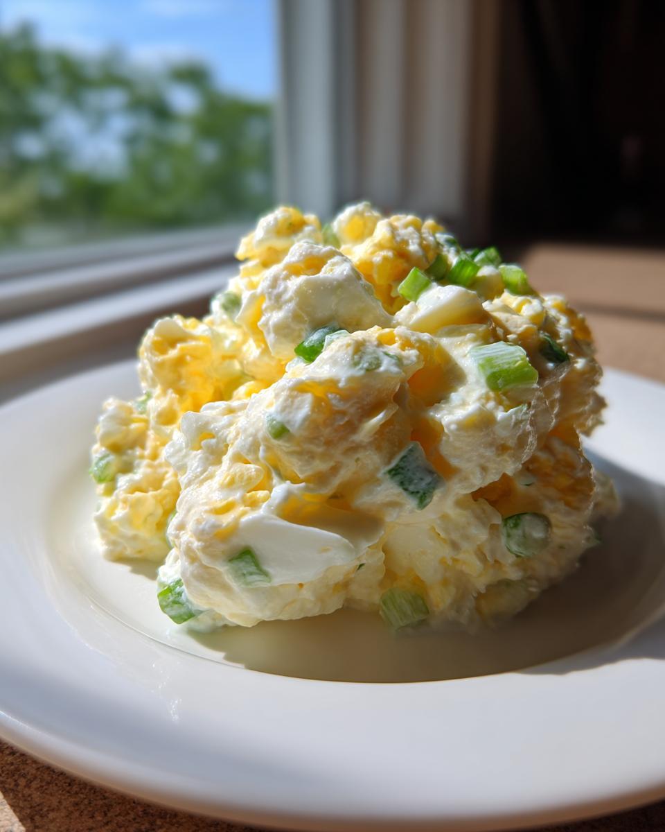 A close-up mound of creamy egg salad recipe topped with chopped green onions, served on a white plate.