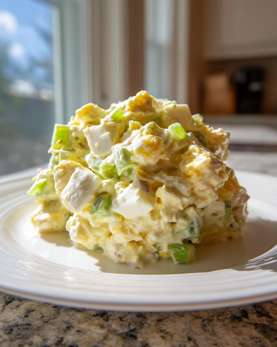 A mound of creamy egg salad recipe featuring chopped eggs, celery, and a rich dressing, served on a white plate.
