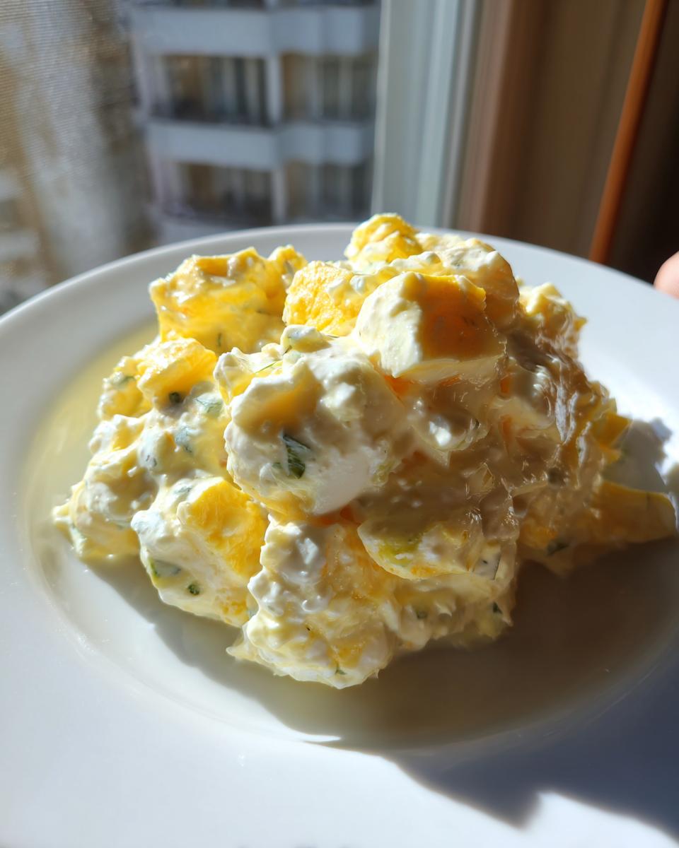 A generous scoop of creamy egg salad recipe featuring chunks of yellow yolk and white, mixed with dressing and green herbs, served on a white plate.
