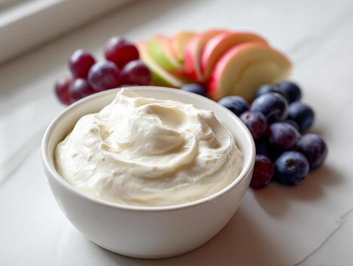 A white bowl filled with creamy fruit dip, surrounded by fresh blueberries, red grapes, and sliced apples.