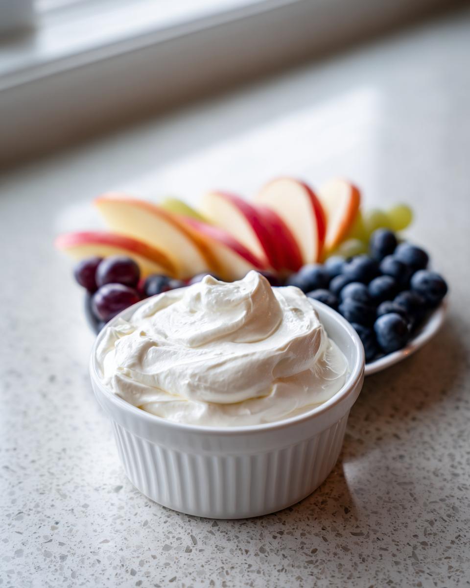 Close-up of creamy white fruit dip in a white ramekin, served alongside sliced apples and grapes.