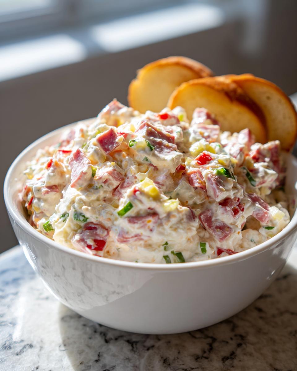 Close-up of a white bowl filled with creamy hoagie dip containing chunks of meat and vegetables, served with toasted bread slices.