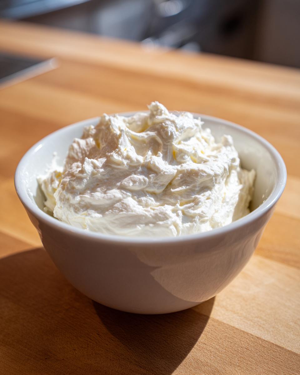 A white bowl filled with fluffy, freshly prepared creamy horseradish sauce resting on a wooden countertop.