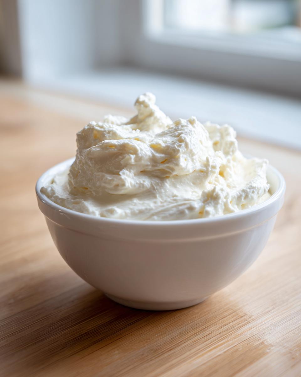 A close-up of fluffy, white creamy horseradish sauce mounded high in a small white bowl on a wooden surface.
