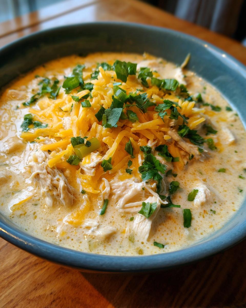 Close-up of a bowl of creamy keto white chicken chili topped with shredded cheddar cheese and fresh green herbs.