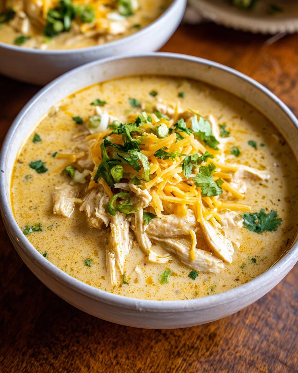 Close-up of a bowl of creamy keto white chicken chili, topped with shredded cheese, cilantro, and green onions.