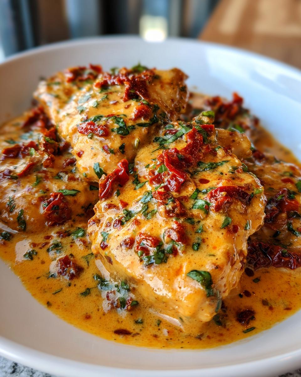 Close-up of creamy Marry Me Chicken breasts covered in rich sauce, sun-dried tomatoes, and fresh parsley.