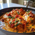 Three chicken breasts smothered in a creamy, orange sauce, topped with sun-dried tomatoes and fresh basil, ready to serve as Marry Me Chicken.
