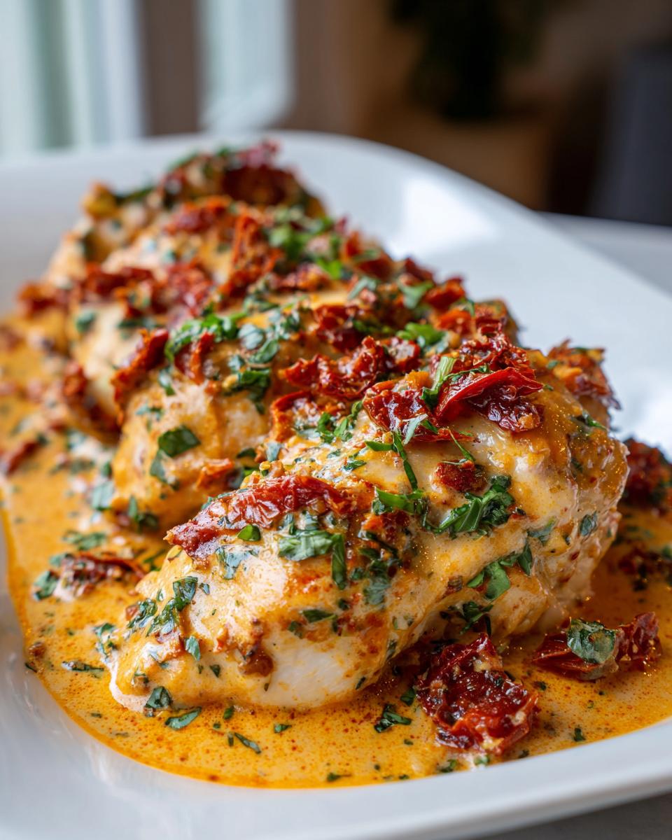 Close-up of tender chicken breasts smothered in a creamy, orange-hued sauce, topped with sun-dried tomatoes and fresh parsley, featuring Marry Me Chicken.