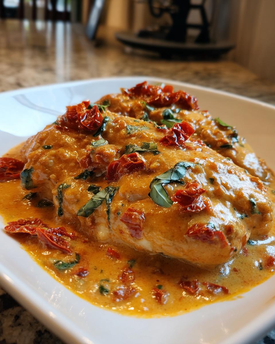 Close-up of creamy Marry Me Chicken breasts smothered in a rich, orange-hued sauce with sun-dried tomatoes and fresh basil.