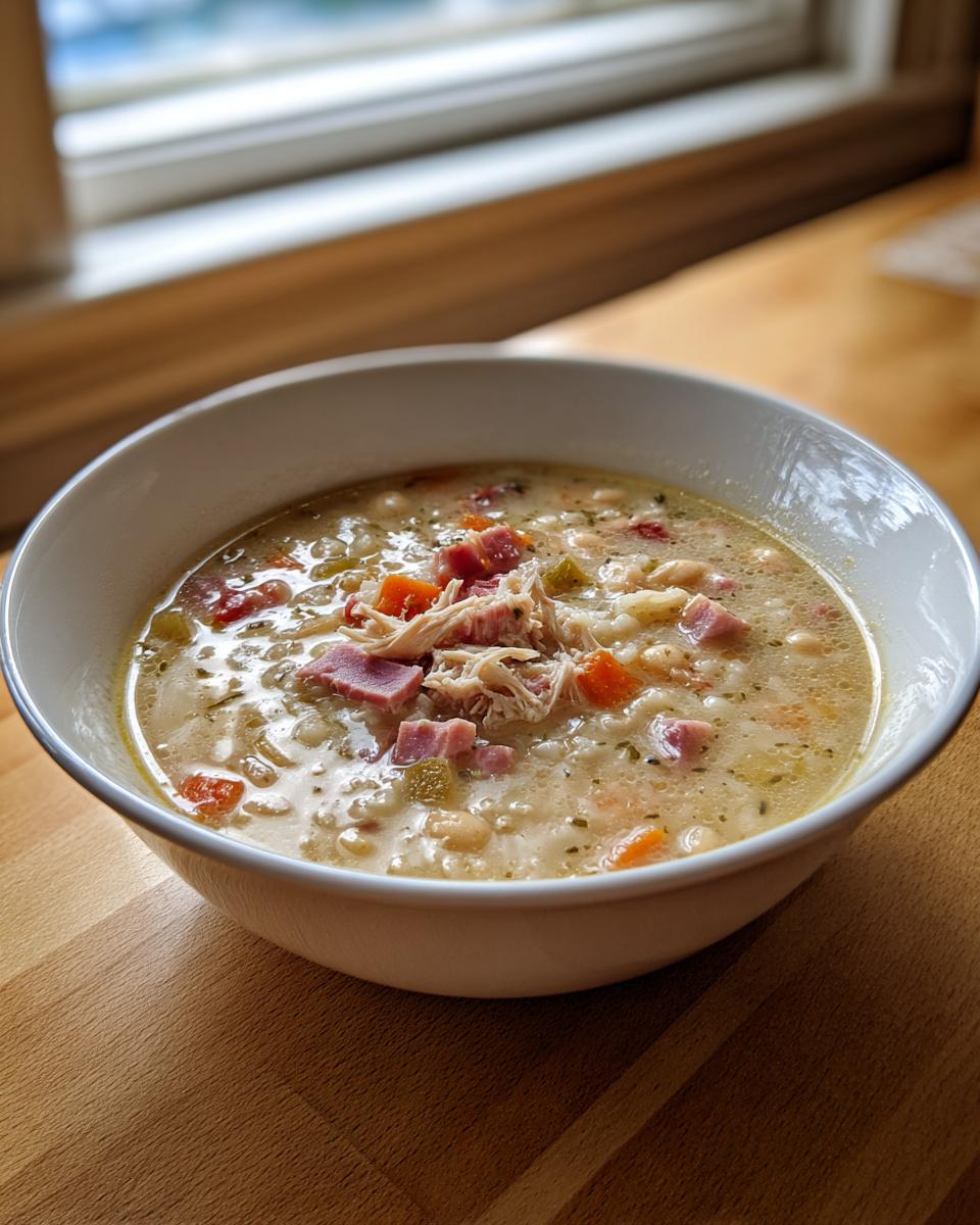 A close-up of a white bowl filled with creamy navy bean soup, topped with shredded chicken and diced ham.