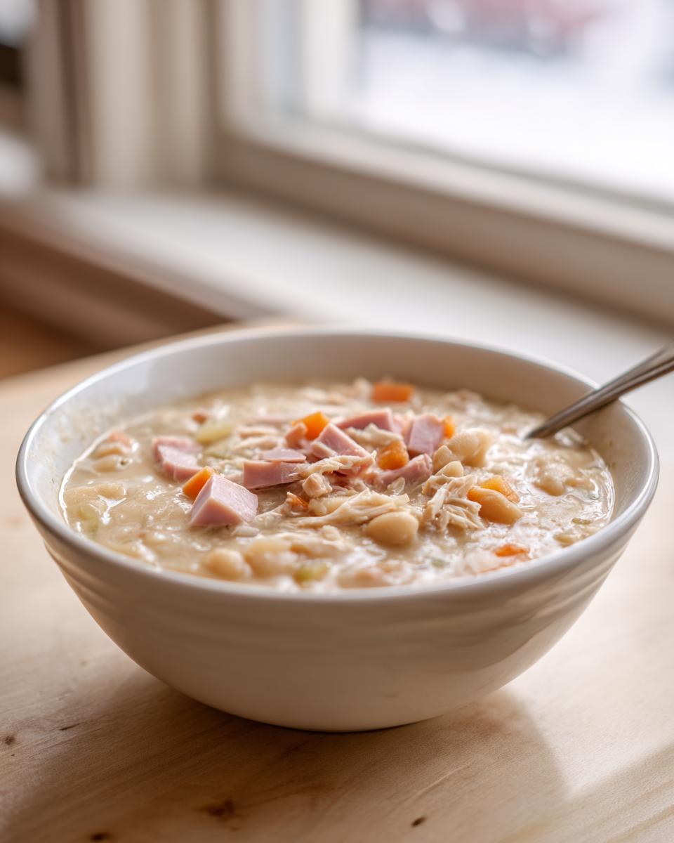 A close-up of a bowl of creamy navy bean soup topped with diced ham and carrots, set near a window.